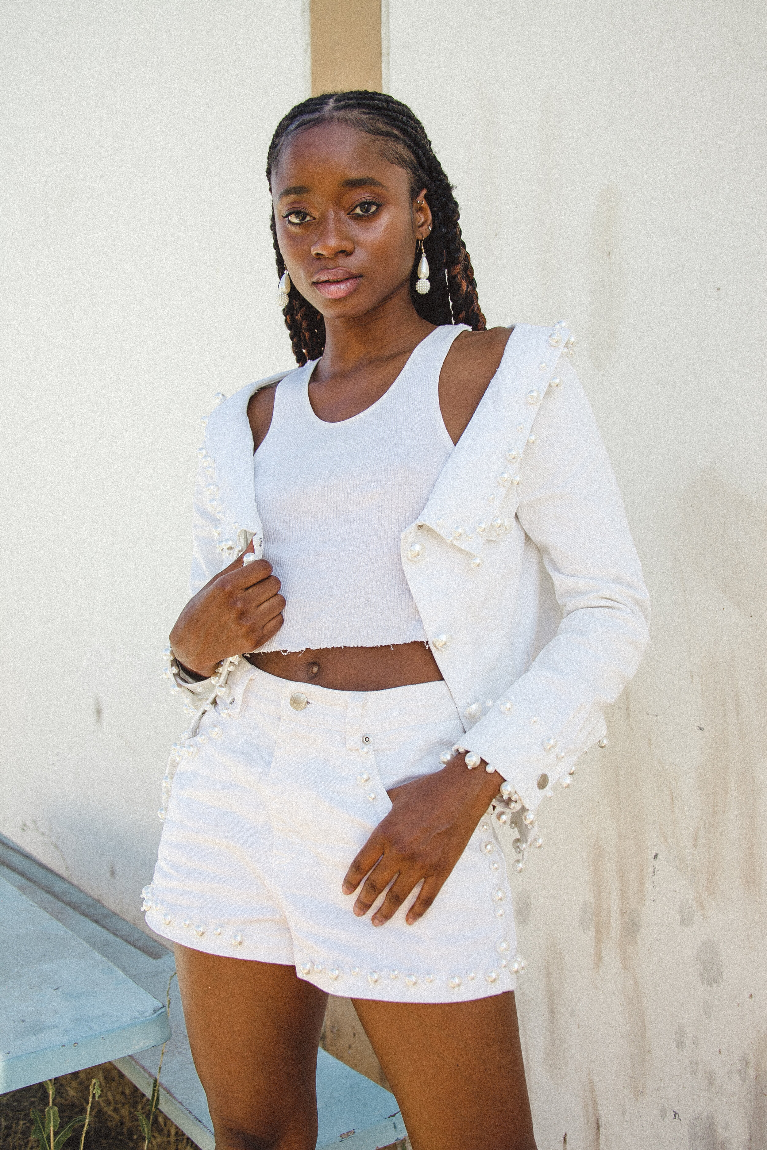 DKNY White Denim and Pearl Jacket and Short Set — Cameo Appearance